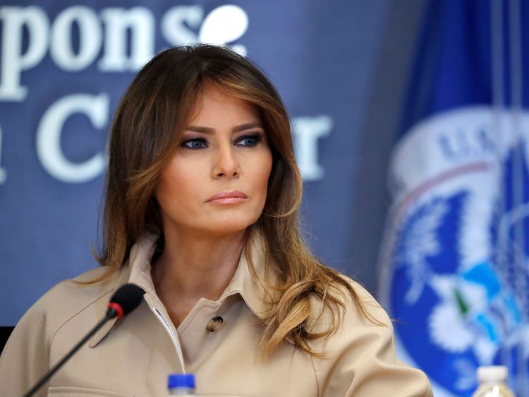 First lady Melania Trump appeared with President Donald Trump at a public event for the first time in almost a month