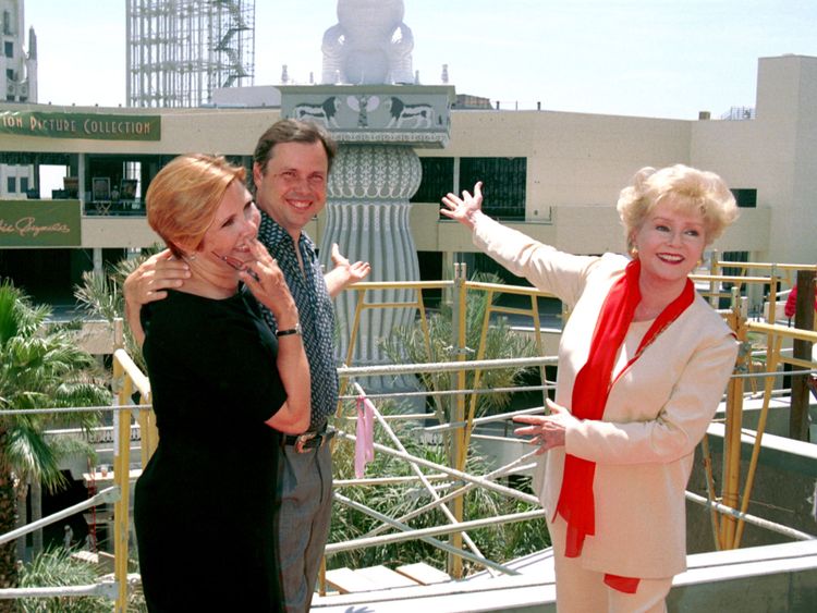 Actress Debbie Reynolds (right) posing with her children Carrie and Tod Fisher in Hollywood in 2001
