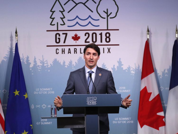 Canada&#39;s Prime Minister Justin Trudeau addresses the final news conference of the G7 summit in the Charlevoix city of La Malbaie, Quebec, Canada