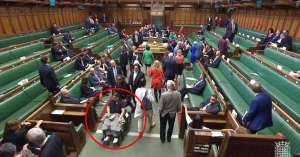 Bradford MP Naz Shah (circled) was seen being wheeled through the Commons chamber as the vote was held, apparently with a paper sick bag on her lap