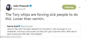 a screenshot of a cell phone: The former Labour deputy leader said party chefs should never force sick people to physically vote in the division lobbies