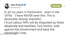 a screenshot of a cell phone: Lord Prescott, the former deputy PM - tore into Tory whips for making the MPs physically troop through the division lobbies despite their ill health