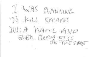 Notes written by Jeffrey Barry, who is serving life in prison for murdering refugee Kamil Ahmad
