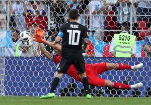 Iceland's Hannes Por Halldorsson saves a penalty taken by Argentina's Lionel Messi
