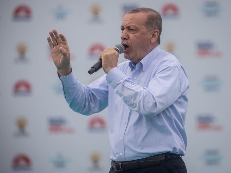 President Erdogan speaks at an election rally on 17 June