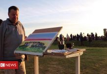 Stonehenge sunrise painted by mouth and foot artist (Details)